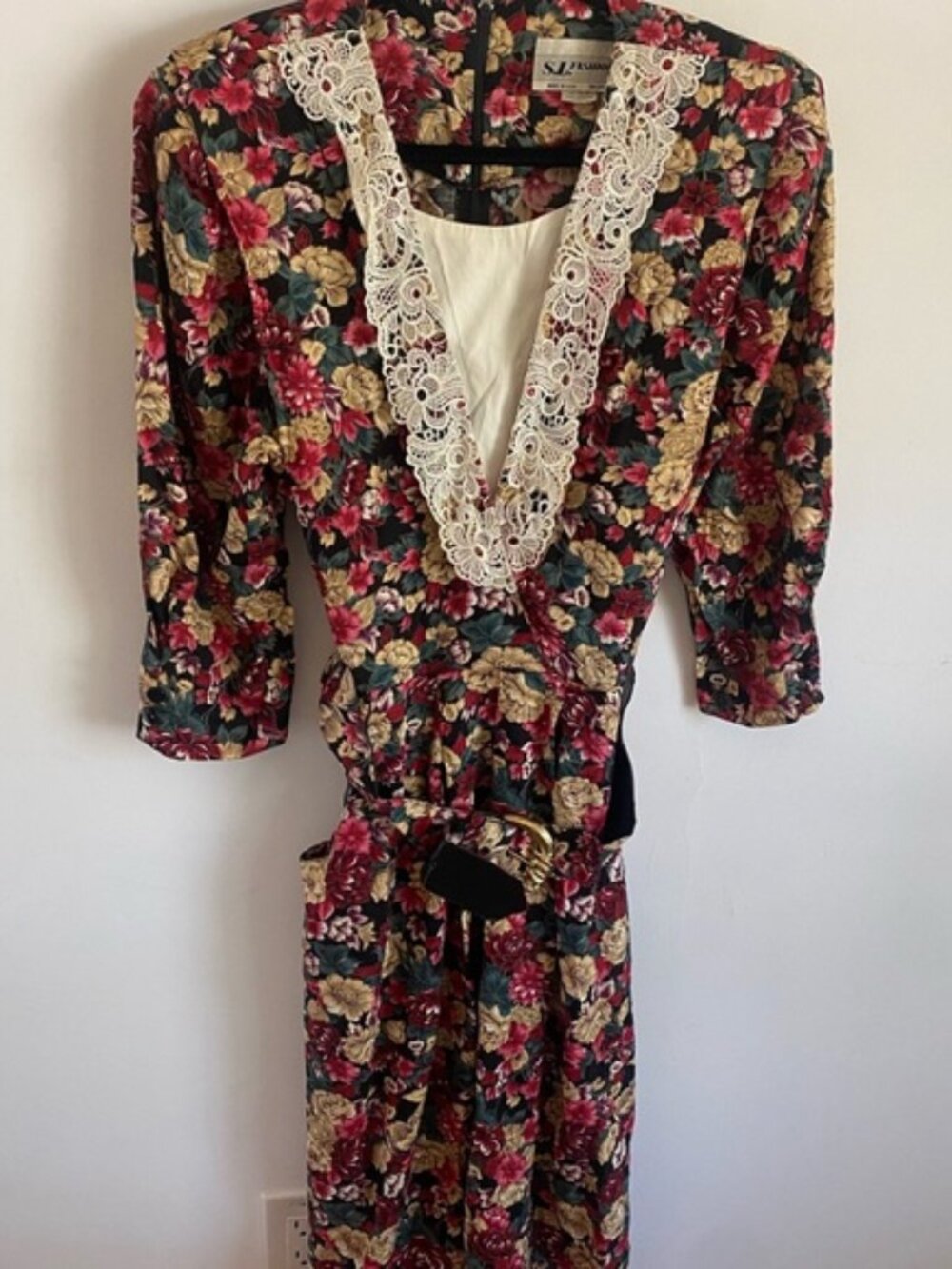 S.L. Fashions Vintage 1980's Floral Lace Trim Belted Dress Size 14